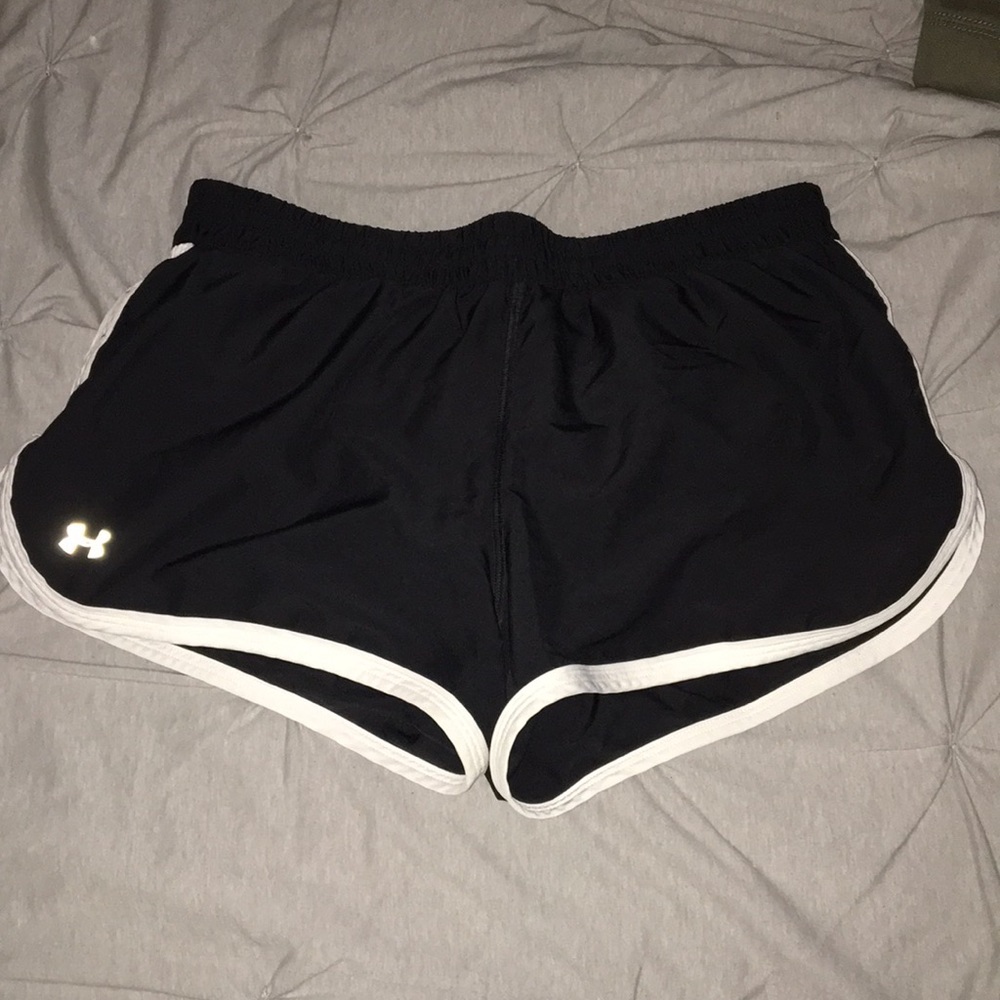 Black & white Under Armour workout shorts.
